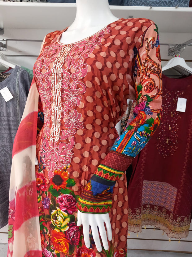 Red Linen Suit with Dupatta Shalwar Kameez Dress SS3360