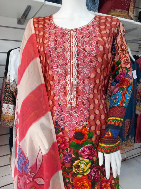 Red Linen Suit with Dupatta Shalwar Kameez Dress SS3360