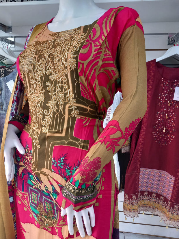 Bronze Linen Suit with Shawl Shalwar Kameez Dress SS3361