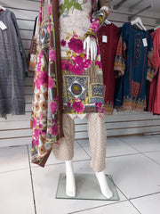 Cream Pink  Linen Suit with Shawl Shalwar Kameez Dress SS3362
