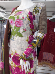 Cream Pink  Linen Suit with Shawl Shalwar Kameez Dress SS3362