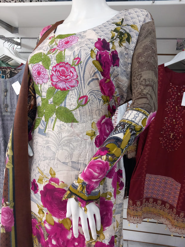 Cream Pink  Linen Suit with Shawl Shalwar Kameez Dress SS3362