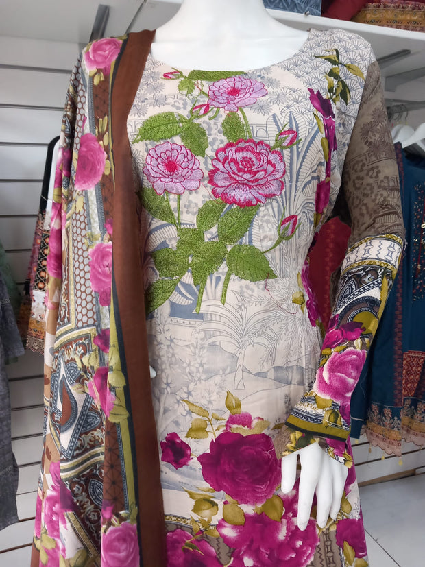 Cream Pink  Linen Suit with Shawl Shalwar Kameez Dress SS3362