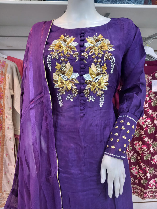 Purple Designer Gulerana Raw Silk Shalwar Kameez SS3441