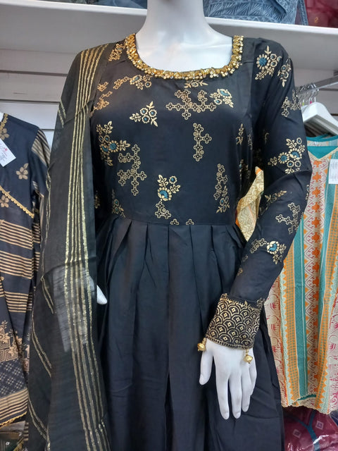 Black Linen 3PC Anarkali Shalwar Kameez Dress SS3518