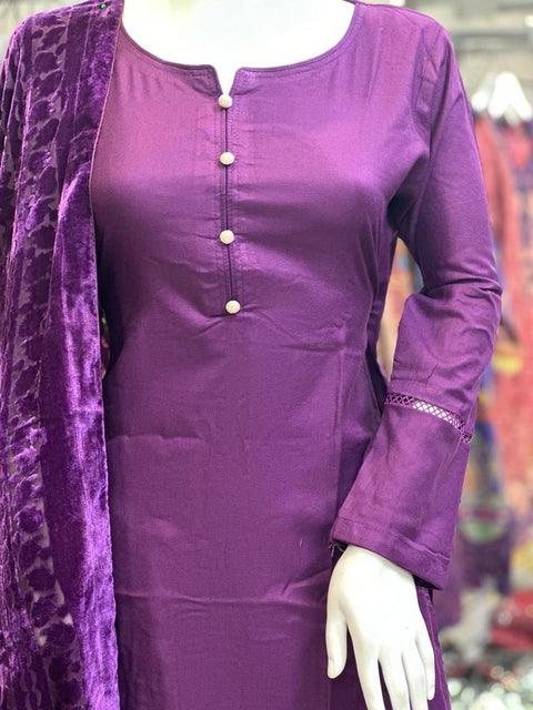 Purple Dhanak with Palachi shawl 3PC Shalwar Kameez Dress SS3527