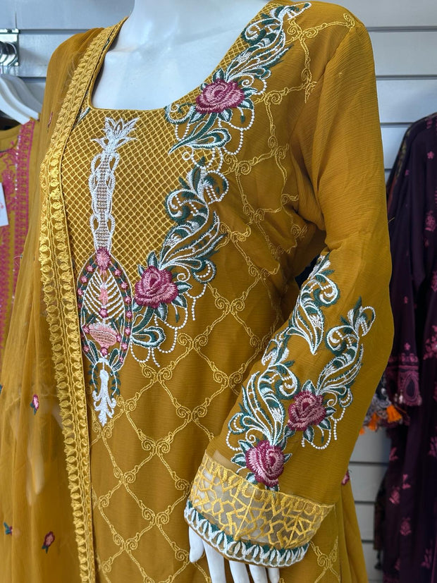 Mustard Premium Chiffon 3PC Shalwar Kameez Ready to wear SS3568