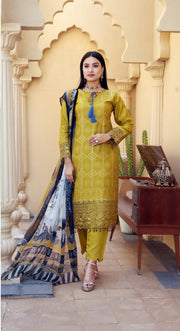 Mustard Premium Cambric Silk 3PC Shalwar Kameez Ready to wear SS3584