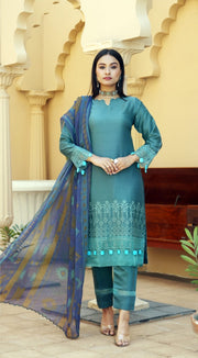 Blue Premium Cambric Silk 3PC Shalwar Kameez Ready to wear SS3583