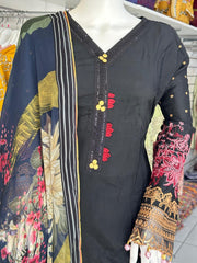 Black Premium Cambric Silk 3PC Shalwar Kameez Ready to wear SS3585
