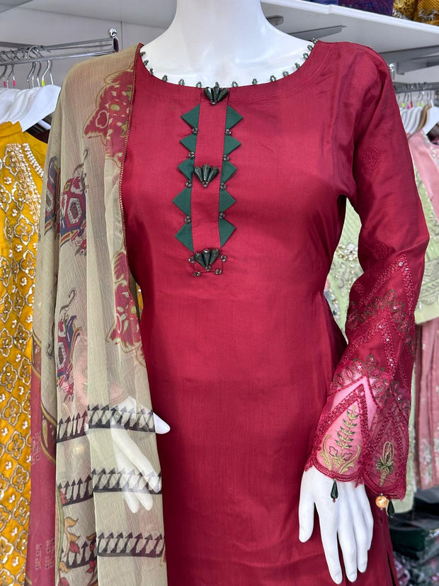 Deep Red Premium Cambric Silk 3PC Shalwar Kameez Ready to wear SS3586