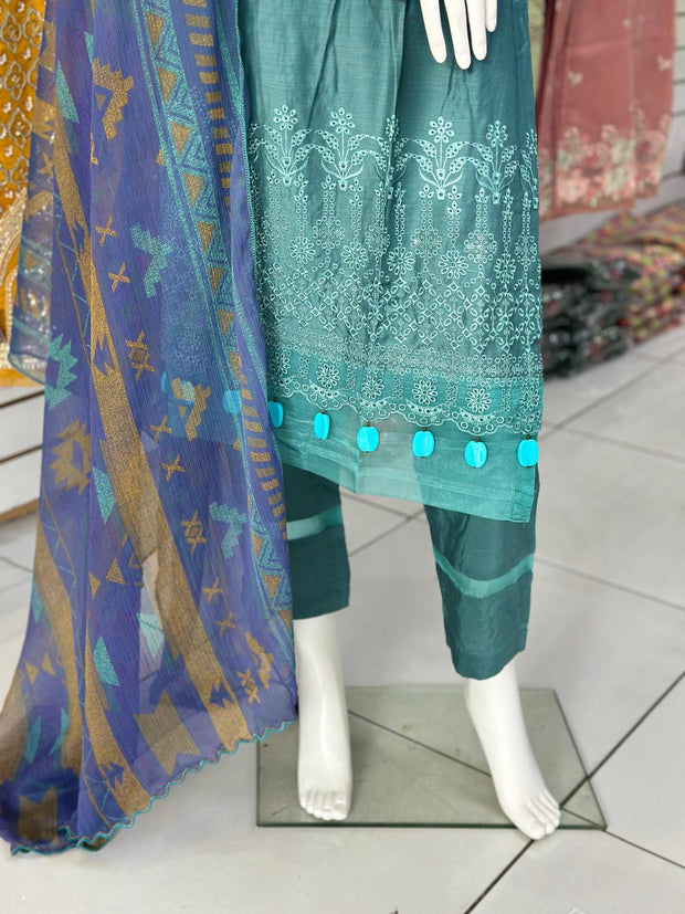 Blue Premium Cambric Silk 3PC Shalwar Kameez Ready to wear SS3583