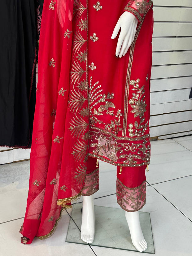 Red Premium Chiffon 3PC Shalwar Kameez Ready to wear SS3611