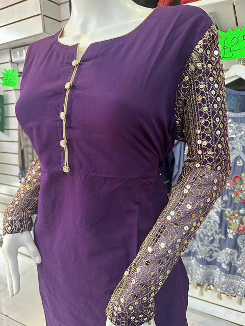 Purple  Eid 2PC Linen Silk Shalwar Kameez Plazzo Ready to wear SS3671