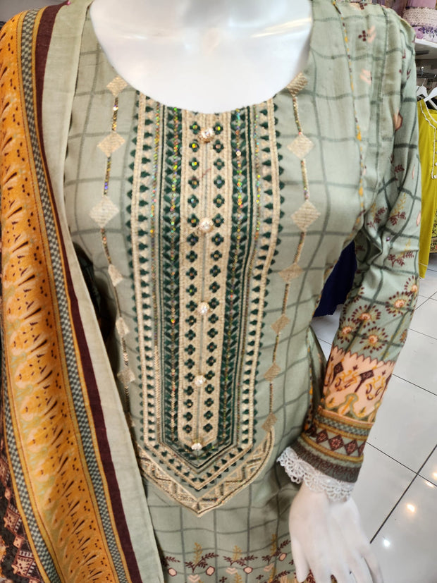 SS3843 Green Peplum  Winter Dhanak Shawl 3PC Shalwar Kameez Dress