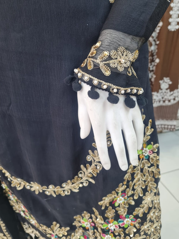 Black 3PC Chiffon Shalwar Kameez Dress SS3892