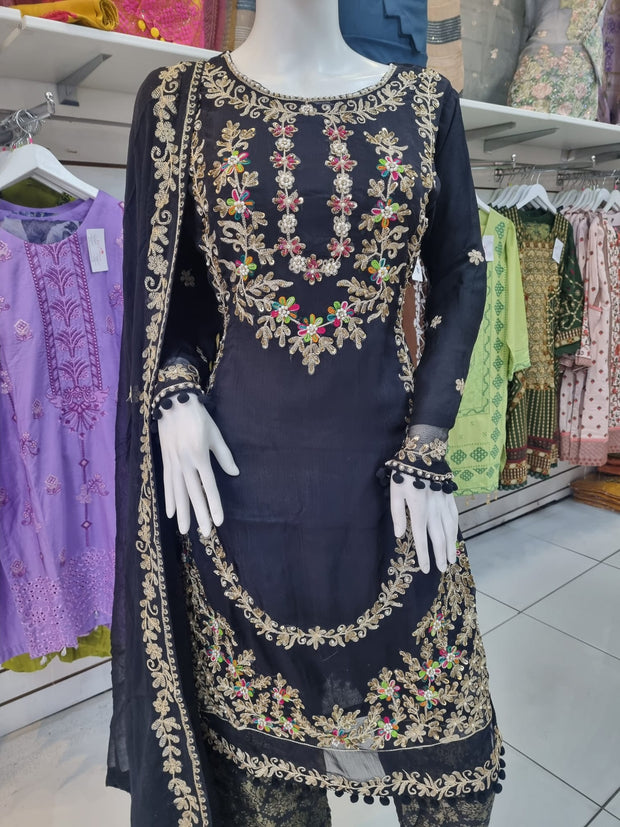 Black 3PC Chiffon Shalwar Kameez Dress SS3892