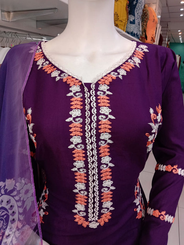 Purple Bamber Cotton 3PC Shalwar Kameez Dress SS3936