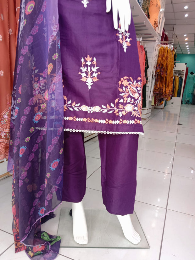 Purple Bamber Cotton 3PC Shalwar Kameez Dress SS3936