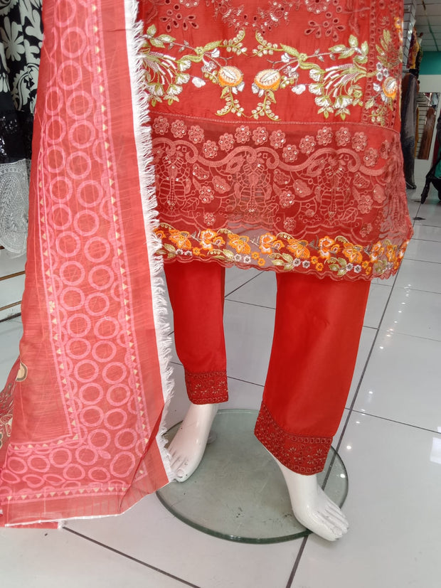 Rose Red Cambric Readymade Shalwar Kameez 3PC SS3962