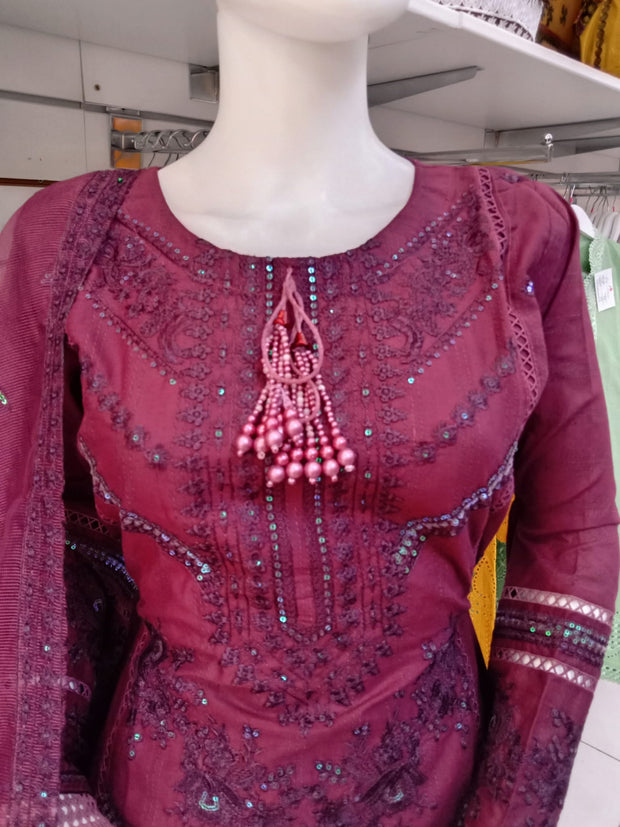 Plum Cambric Readymade Shalwar Kameez 3PC SS3977
