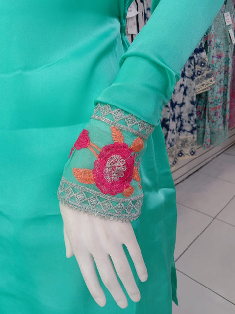 Green Satin 3PC Farshi Shalwar Kameez Dress SS4010