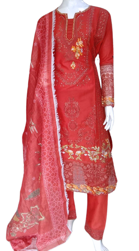 Rose Red Cambric Readymade Shalwar Kameez 3PC SS3962