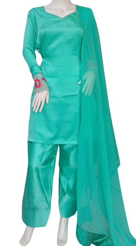 Green Satin 3PC Farshi Shalwar Kameez Dress SS4010