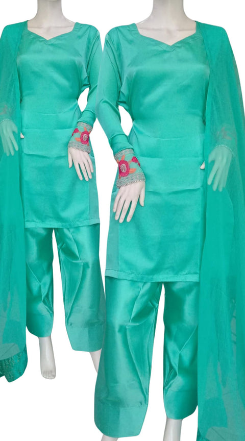 Green Satin 3PC Farshi Shalwar Kameez Dress SS4010