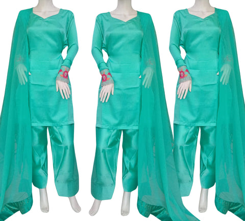 Green Satin 3PC Farshi Shalwar Kameez Dress SS4010