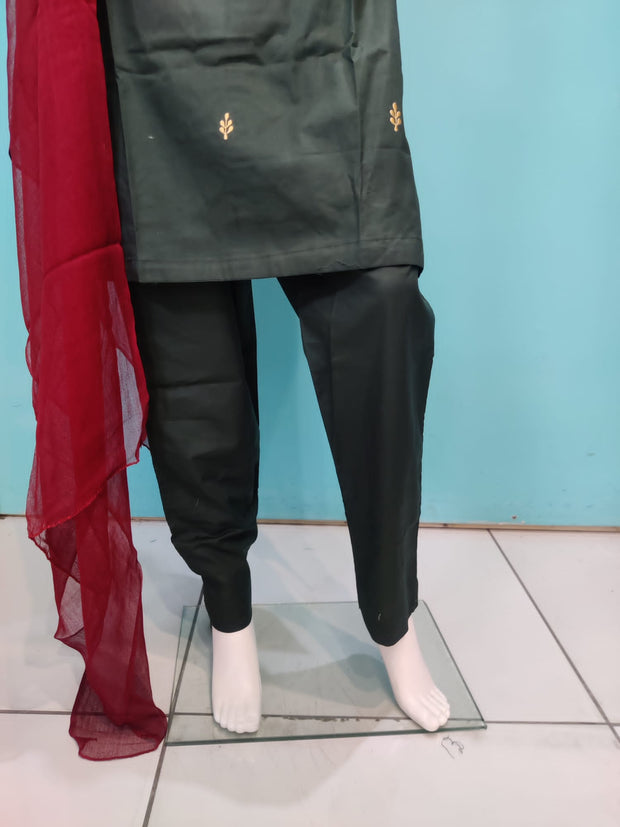 Green Linen Partywear Shalwar Kameez Dress SS3051