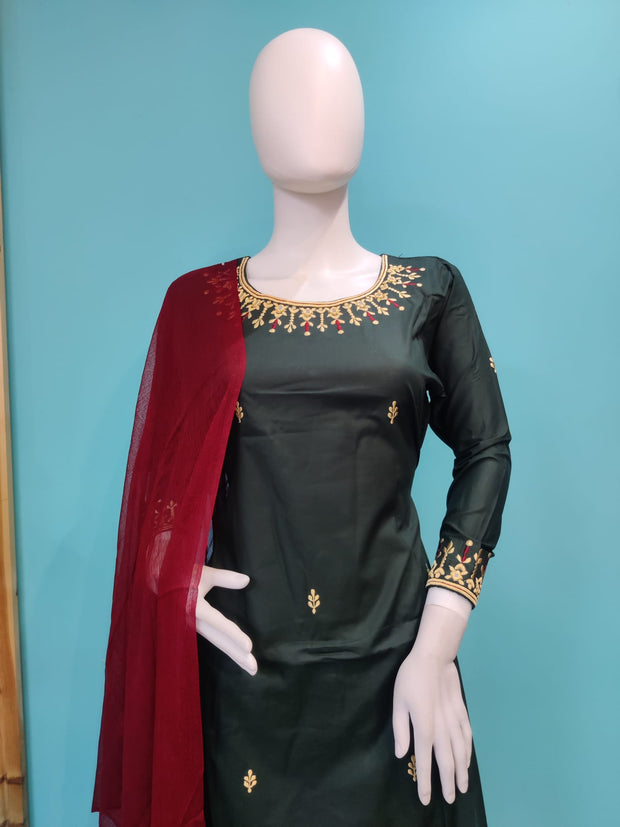 Green Linen Partywear Shalwar Kameez Dress SS3051