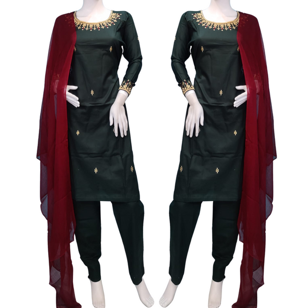 Green Linen Partywear Shalwar Kameez Dress SS3051